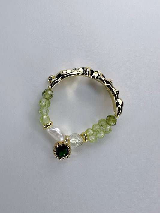 捷克珠珍珠戒指 帶綠色鋯石